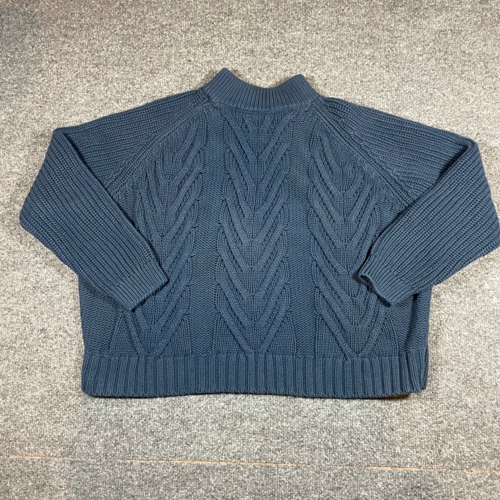 J. Crew Cable Knit Sweater Women Size M Blue Mock Neck Cotton Fisherman Raglan